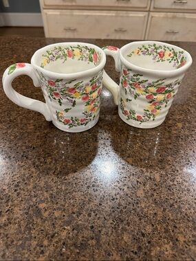 White Ceramic Floral Mugs with Pink Rose & Green Leaf Accents